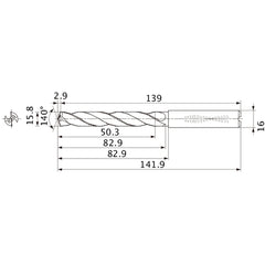 MMS1580X3DB DP7020 15.8 mm Dia. × 16 mm Shank × 82.9 mm Flute Length × 141.9 mm OAL, 140°, 2 Flute, Coolant Thru, Solid Carbide Drill