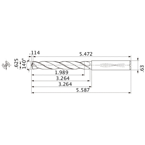 MMS1588X3D160 DP7020 5/8″ Dia. × 0.63″ Shank × 3.264″ Flute Length × 5.587″ OAL, 140°, 2 Flute, Coolant Thru, Solid Carbide Drill