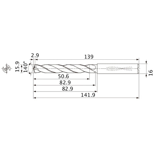 MMS1590X3DB DP7020 15.9 mm Dia. × 16 mm Shank × 82.9 mm Flute Length × 141.9 mm OAL, 140°, 2 Flute, Coolant Thru, Solid Carbide Drill