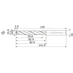 MMS1590X3DB DP7020 15.9 mm Dia. × 16 mm Shank × 82.9 mm Flute Length × 141.9 mm OAL, 140°, 2 Flute, Coolant Thru, Solid Carbide Drill