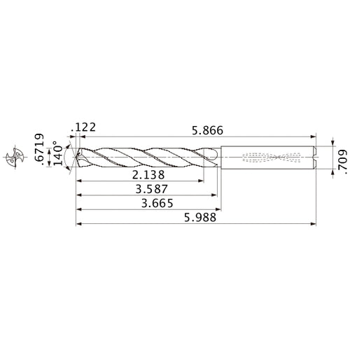 MMS1707X3D180 DP7020 0.6719″ Dia. × 0.709″ Shank × 3.587″ Flute Length × 5.988″ OAL, 140°, 2 Flute, Coolant Thru, Solid Carbide Drill