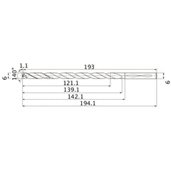 MNS0600X20DB TF15 6 mm Dia. × 6 mm Shank × 139.1 mm Flute Length × 194.1 mm OAL, 140°, 2 Flute, Coolant Thru, Solid Carbide Drill