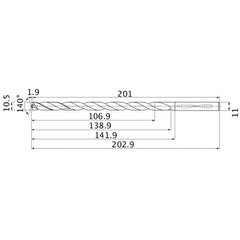 MNS1050X10DB TF15 10.5 mm Dia. × 11 mm Shank × 138.9 mm Flute Length × 202.9 mm OAL, 140°, 2 Flute, Coolant Thru, Solid Carbide Drill