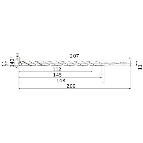 MNS1100X10DB TF15 11 mm Dia. × 11 mm Shank × 145 mm Flute Length × 209 mm OAL, 140°, 2 Flute, Coolant Thru, Solid Carbide Drill