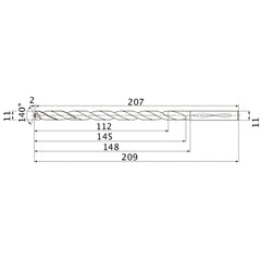 MNS1100X10DB TF15 11 mm Dia. × 11 mm Shank × 145 mm Flute Length × 209 mm OAL, 140°, 2 Flute, Coolant Thru, Solid Carbide Drill