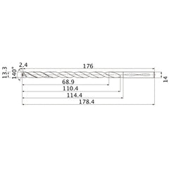 MNS1330LB TF15 13.3 mm Dia. × 14 mm Shank × 110.4 mm Flute Length × 178.4 mm OAL, 140°, 2 Flute, Coolant Thru, Solid Carbide Drill