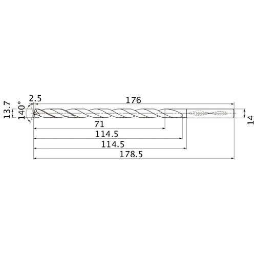 MNS1370LB TF15 13.7 mm Dia. × 14 mm Shank × 114.5 mm Flute Length × 178.5 mm OAL, 140°, 2 Flute, Coolant Thru, Solid Carbide Drill