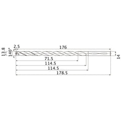 MNS1380LB TF15 13.8 mm Dia. × 14 mm Shank × 114.5 mm Flute Length × 178.5 mm OAL, 140°, 2 Flute, Coolant Thru, Solid Carbide Drill