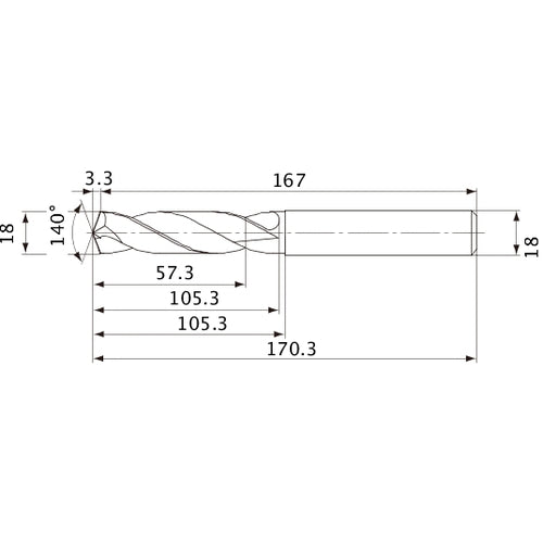 MVE1800X03S180 DP1020 18 mm Dia. × 18 mm Shank × 105.3 mm Flute Length × 170.3 mm OAL, 140°, 2 Flute, External Coolant, Solid Carbide Drill