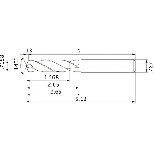 MVE1826X02S200 DP1020 0.7188″ Dia. × 0.787″ Shank × 2.65″ Flute Length × 5.13″ OAL, 140°, 2 Flute, External Coolant, Solid Carbide Drill