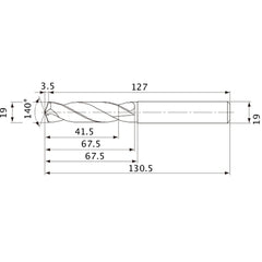 MVE1900X02S190 DP1020 19 mm Dia. × 19 mm Shank × 67.5 mm Flute Length × 130.5 mm OAL, 140°, 2 Flute, External Coolant, Solid Carbide Drill