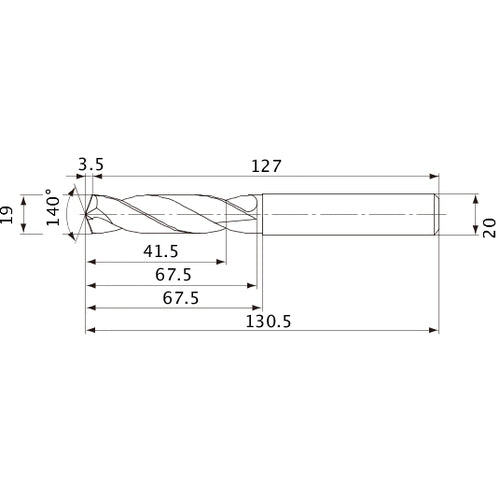 MVE1900X02S200 DP1020 19 mm Dia. × 20 mm Shank × 67.5 mm Flute Length × 130.5 mm OAL, 140°, 2 Flute, External Coolant, Solid Carbide Drill