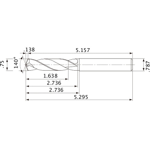 MVE1905X02S200 DP1020 3/4″ Dia. × 0.787″ Shank × 2.736″ Flute Length × 5.295″ OAL, 140°, 2 Flute, External Coolant, Solid Carbide Drill