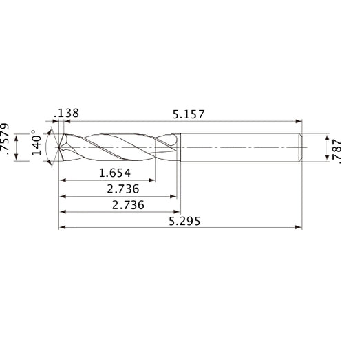 MVE1925X02S200 DP1020 0.7579″ Dia. × 0.787″ Shank × 2.736″ Flute Length × 5.295″ OAL, 140°, 2 Flute, External Coolant, Solid Carbide Drill