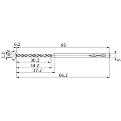 MVS0120X25S030 DP1020 1.2 mm Dia. × 3 mm Shank × 34.2 mm Flute Length × 66.2 mm OAL, 140°, 2 Flute, Coolant Thru, Solid Carbide Drill