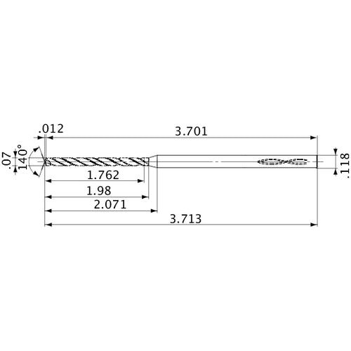 MVS0178X25S030 DP1020 0.07″ Dia. × 0.118″ Shank × 1.98″ Flute Length × 3.713″ OAL, 140°, 2 Flute, Coolant Thru, Solid Carbide Drill
