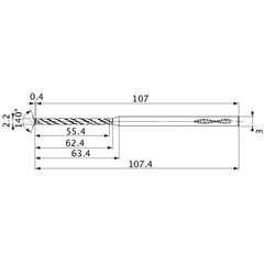 MVS0220X25S030 DP1020 2.2 mm Dia. × 3 mm Shank × 62.4 mm Flute Length × 107.4 mm OAL, 140°, 2 Flute, Coolant Thru, Solid Carbide Drill