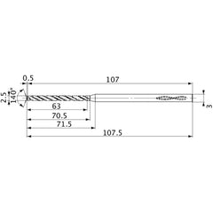 MVS0250X25S030 DP1020 2.5 mm Dia. × 3 mm Shank × 70.5 mm Flute Length × 107.5 mm OAL, 140°, 2 Flute, Coolant Thru, Solid Carbide Drill
