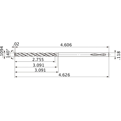 MVS0278X25S030 DP1020 0.1094″ Dia. × 0.118″ Shank × 3.091″ Flute Length × 4.626″ OAL, 140°, 2 Flute, Coolant Thru, Solid Carbide Drill