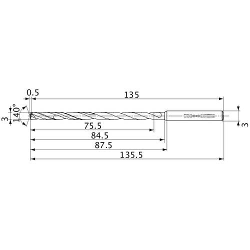 MVS0300X25S030 DP1020 3 mm Dia. × 3 mm Shank × 84.5 mm Flute Length × 135.5 mm OAL, 140°, 2 Flute, Coolant Thru, Solid Carbide Drill