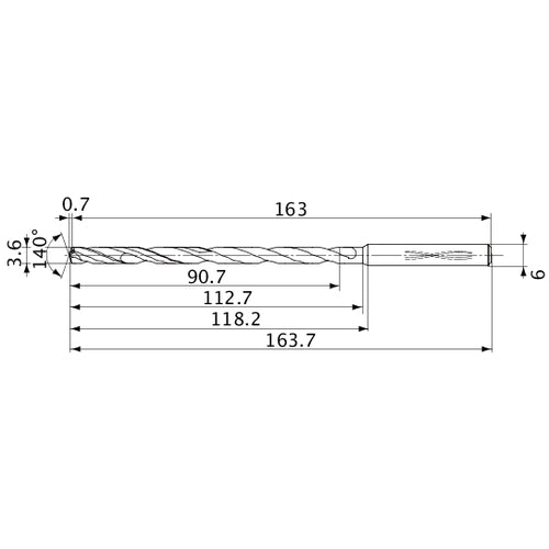 MVS0360X25S060 DP1020 3.6 mm Dia. × 6 mm Shank × 112.7 mm Flute Length × 163.7 mm OAL, 140°, 2 Flute, Coolant Thru, Solid Carbide Drill