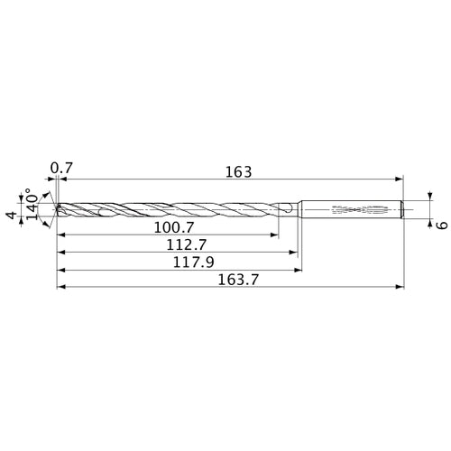 MVS0400X25S060 DP1020 4 mm Dia. × 6 mm Shank × 112.7 mm Flute Length × 163.7 mm OAL, 140°, 2 Flute, Coolant Thru, Solid Carbide Drill