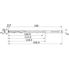MVS0500X20S060 DP1020 5 mm Dia. × 6 mm Shank × 115.9 mm Flute Length × 168.9 mm OAL, 140°, 2 Flute, Coolant Thru, Solid Carbide Drill