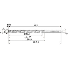 MVS0510X20S060 DP1020 5.1 mm Dia. × 6 mm Shank × 127.9 mm Flute Length × 182.9 mm OAL, 140°, 2 Flute, Coolant Thru, Solid Carbide Drill