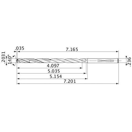 MVS0516X20S060 DP1020 0.2031″ Dia. × 0.236″ Shank × 5.035″ Flute Length × 7.201″ OAL, 140°, 2 Flute, Coolant Thru, Solid Carbide Drill