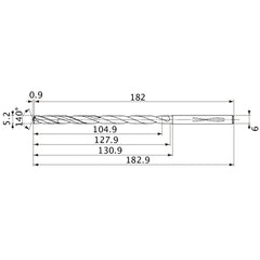 MVS0520X20S060 DP1020 5.2 mm Dia. × 6 mm Shank × 127.9 mm Flute Length × 182.9 mm OAL, 140°, 2 Flute, Coolant Thru, Solid Carbide Drill