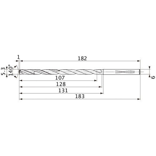 MVS0530X20S060 DP1020 5.3 mm Dia. × 6 mm Shank × 128 mm Flute Length × 183 mm OAL, 140°, 2 Flute, Coolant Thru, Solid Carbide Drill