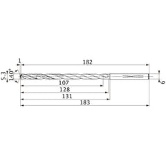 MVS0530X20S060 DP1020 5.3 mm Dia. × 6 mm Shank × 128 mm Flute Length × 183 mm OAL, 140°, 2 Flute, Coolant Thru, Solid Carbide Drill