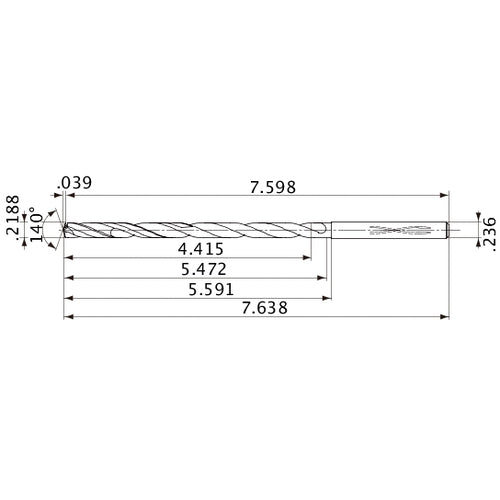 MVS0556X20S060 DP1020 0.2188″ Dia. × 0.236″ Shank × 5.472″ Flute Length × 7.638″ OAL, 140°, 2 Flute, Coolant Thru, Solid Carbide Drill