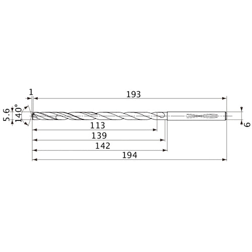 MVS0560X20S060 DP1020 5.6 mm Dia. × 6 mm Shank × 139 mm Flute Length × 194 mm OAL, 140°, 2 Flute, Coolant Thru, Solid Carbide Drill