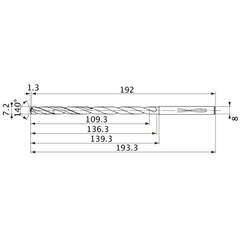 MVS0720X15S080 DP1020 7.2 mm Dia. × 8 mm Shank × 136.3 mm Flute Length × 193.3 mm OAL, 140°, 2 Flute, Coolant Thru, Solid Carbide Drill