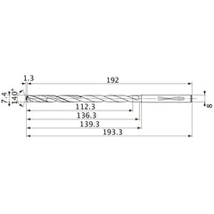 MVS0740X15S080 DP1020 7.4 mm Dia. × 8 mm Shank × 136.3 mm Flute Length × 193.3 mm OAL, 140°, 2 Flute, Coolant Thru, Solid Carbide Drill