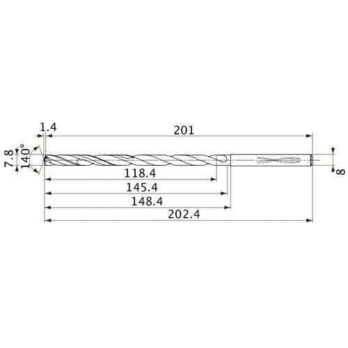 MVS0780X15S080 DP1020 7.8 mm Dia. × 8 mm Shank × 145.4 mm Flute Length × 202.4 mm OAL, 140°, 2 Flute, Coolant Thru, Solid Carbide Drill
