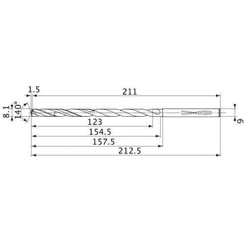 MVS0810X15S090 DP1020 8.1 mm Dia. × 9 mm Shank × 154.5 mm Flute Length × 212.5 mm OAL, 140°, 2 Flute, Coolant Thru, Solid Carbide Drill