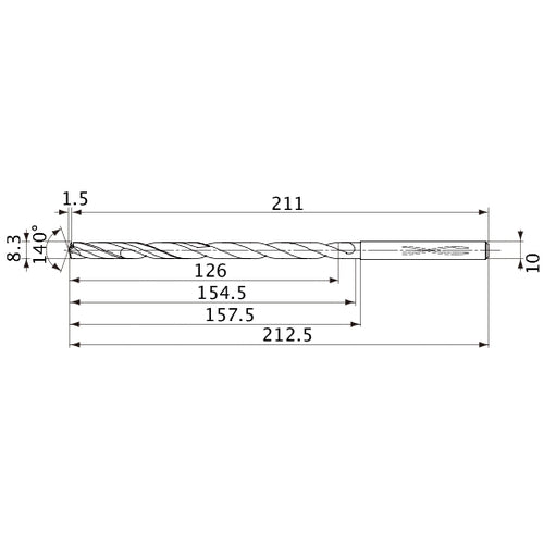 MVS0830X15S100 DP1020 8.3 mm Dia. × 10 mm Shank × 154.5 mm Flute Length × 212.5 mm OAL, 140°, 2 Flute, Coolant Thru, Solid Carbide Drill