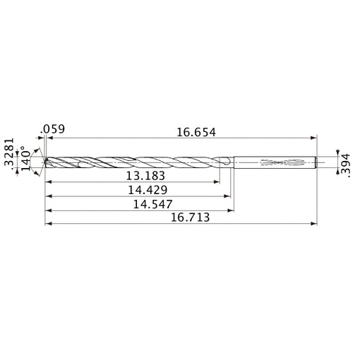 MVS0833X40S100 DP1020 0.3281″ Dia. × 0.394″ Shank × 14.429″ Flute Length × 16.713″ OAL, 140°, 2 Flute, Coolant Thru, Solid Carbide Drill