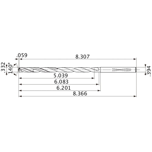 MVS0843X15S100 DP1020 0.332″ Dia. × 0.394″ Shank × 6.083″ Flute Length × 8.366″ OAL, 140°, 2 Flute, Coolant Thru, Solid Carbide Drill