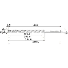 MVS0900X40S100 DP1020 9 mm Dia. × 10 mm Shank × 391.6 mm Flute Length × 449.6 mm OAL, 140°, 2 Flute, Coolant Thru, Solid Carbide Drill