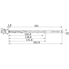 MVS1010X10S120 DP1020 10.1 mm Dia. × 12 mm Shank × 138.8 mm Flute Length × 202.8 mm OAL, 140°, 2 Flute, Coolant Thru, Solid Carbide Drill