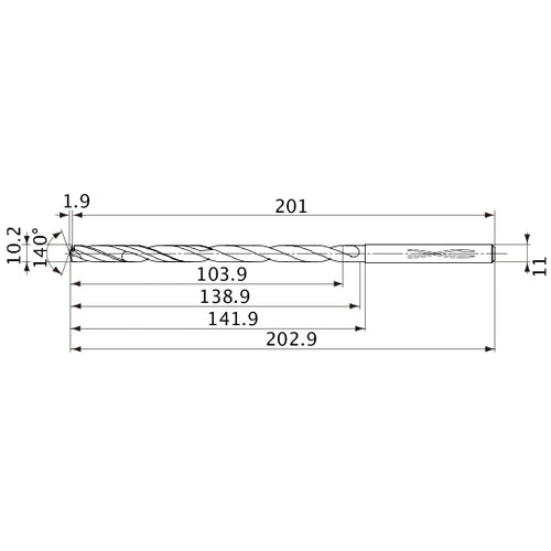 MVS1020X10S110 DP1020 10.2 mm Dia. × 11 mm Shank × 138.9 mm Flute Length × 202.9 mm OAL, 140°, 2 Flute, Coolant Thru, Solid Carbide Drill