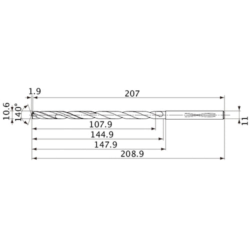 MVS1060X10S110 DP1020 10.6 mm Dia. × 11 mm Shank × 144.9 mm Flute Length × 208.9 mm OAL, 140°, 2 Flute, Coolant Thru, Solid Carbide Drill