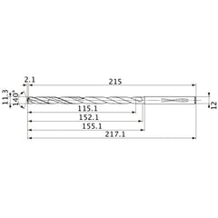 MVS1130X10S120 DP1020 11.3 mm Dia. × 12 mm Shank × 152.1 mm Flute Length × 217.1 mm OAL, 140°, 2 Flute, Coolant Thru, Solid Carbide Drill