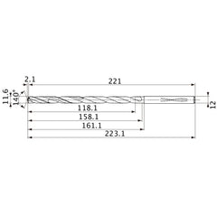 MVS1160X10S120 DP1020 11.6 mm Dia. × 12 mm Shank × 158.1 mm Flute Length × 223.1 mm OAL, 140°, 2 Flute, Coolant Thru, Solid Carbide Drill