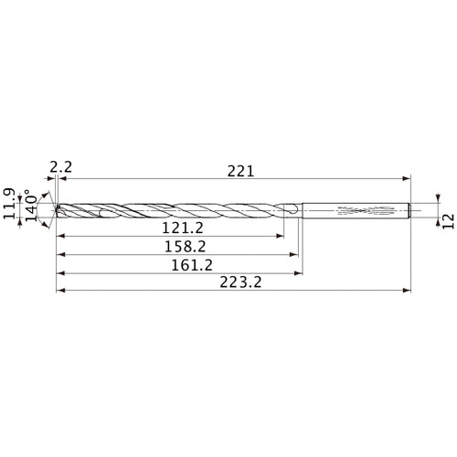 MVS1190X10S120 DP1020 11.9 mm Dia. × 12 mm Shank × 158.2 mm Flute Length × 223.2 mm OAL, 140°, 2 Flute, Coolant Thru, Solid Carbide Drill