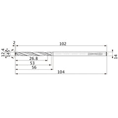 MVS1240X02S140PL DP1020 12.4 mm Dia. × 14 mm Shank × 53 mm Flute Length × 104 mm OAL, 145°, 2 Flute, Coolant Thru, Solid Carbide Drill