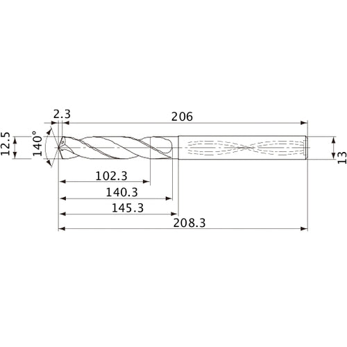 MVS1250X08S130 DP1020 12.5 mm Dia. × 13 mm Shank × 140.3 mm Flute Length × 208.3 mm OAL, 140°, 2 Flute, Coolant Thru, Solid Carbide Drill